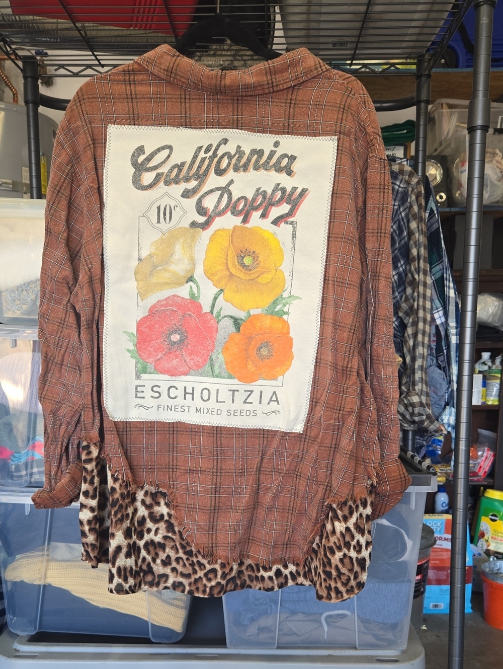 ODDY Rust Orange Plaid Button-Down Shirt with Floral Back Patch